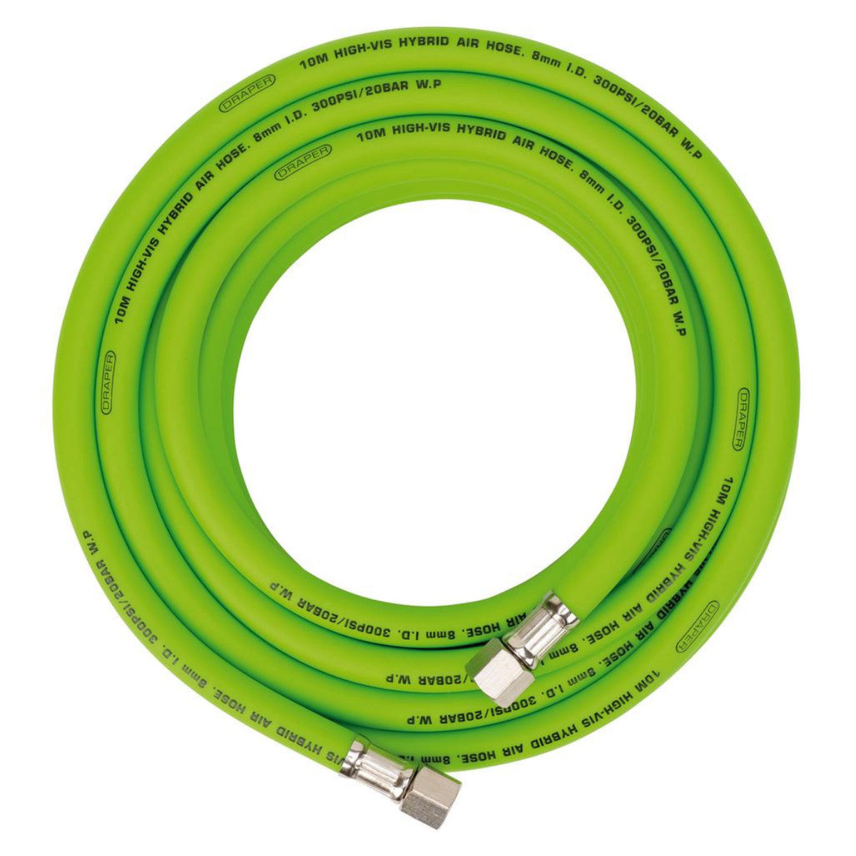 Draper High Visibility Hybrid Air Hose, 10m x 8mm, 1/4" BSP, Green 31734
