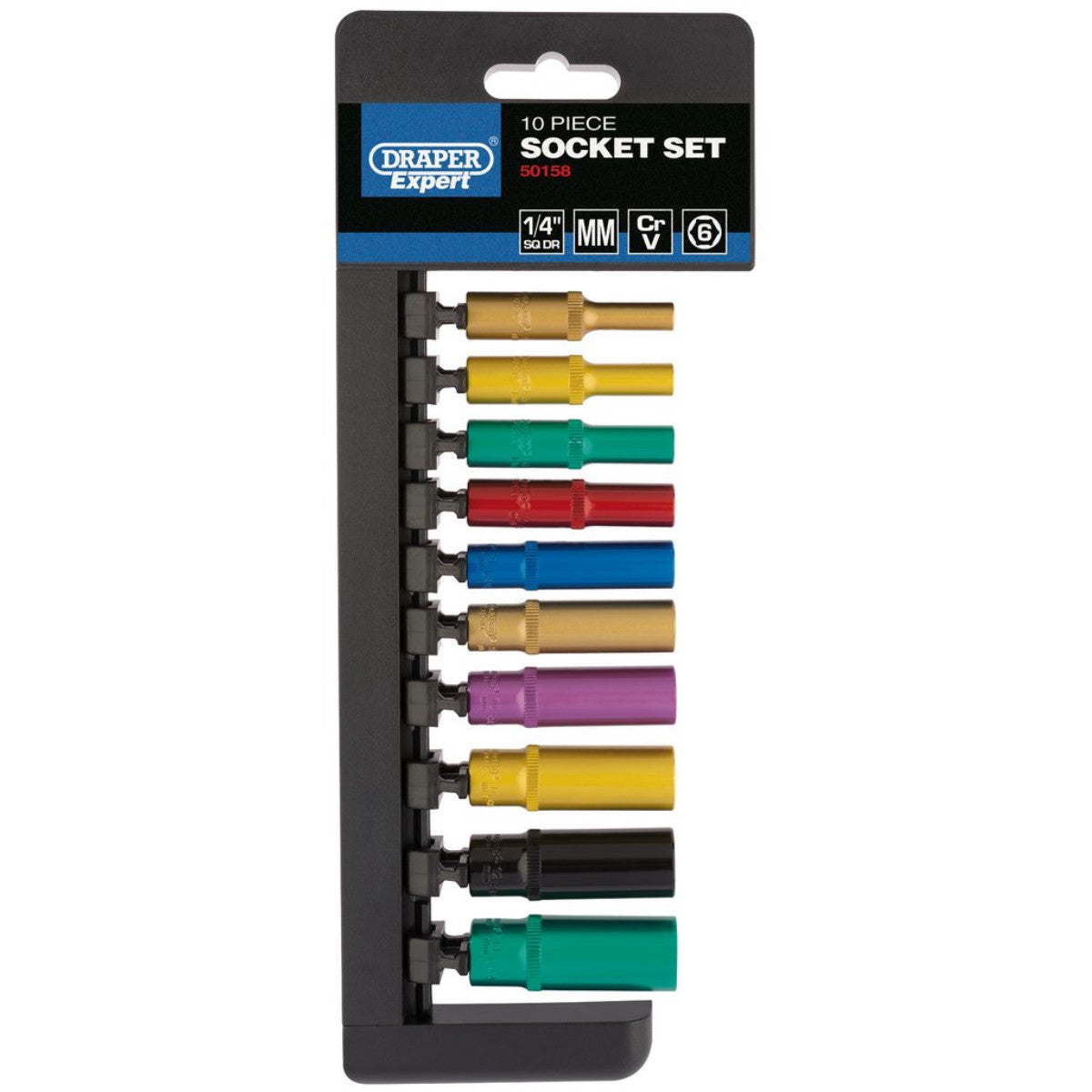 Draper Expert Metric Coloured Deep Socket Set, 1/4" Sq. Dr. (10 Piece) 50158
