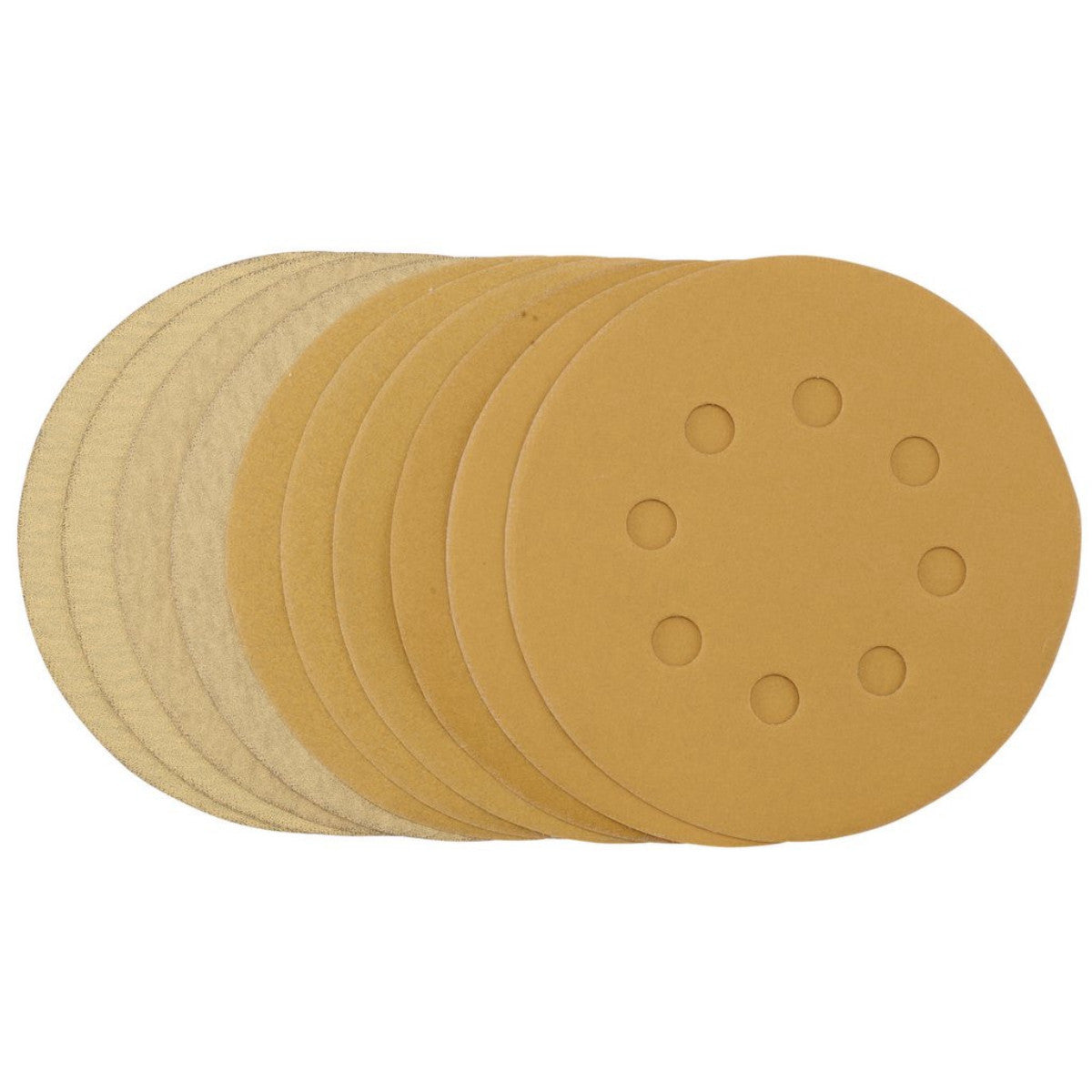 Draper Gold Sanding Discs with Hook & Loop, 125mm, Assorted Grit - 120G, 180G, 240G, 320G, 400G, 8 Dust Extraction Holes (Pack of 10) 60161