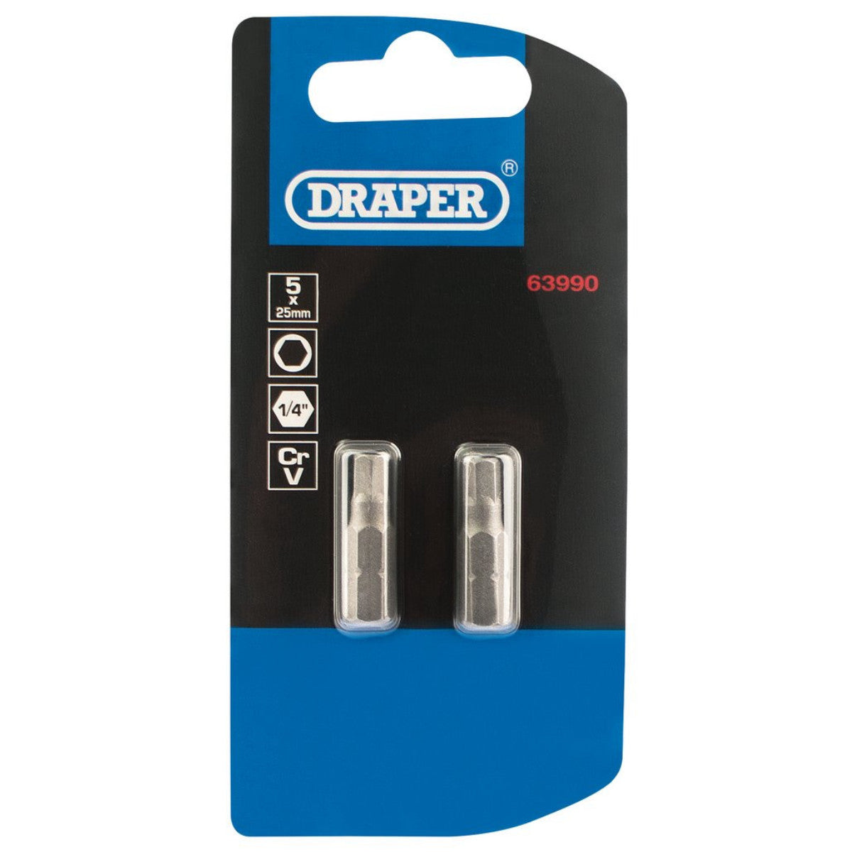 Draper Hexagonal Insert Bit, 5mm, 1/4" Hex, 25mm Long (Pack of 2) 63990