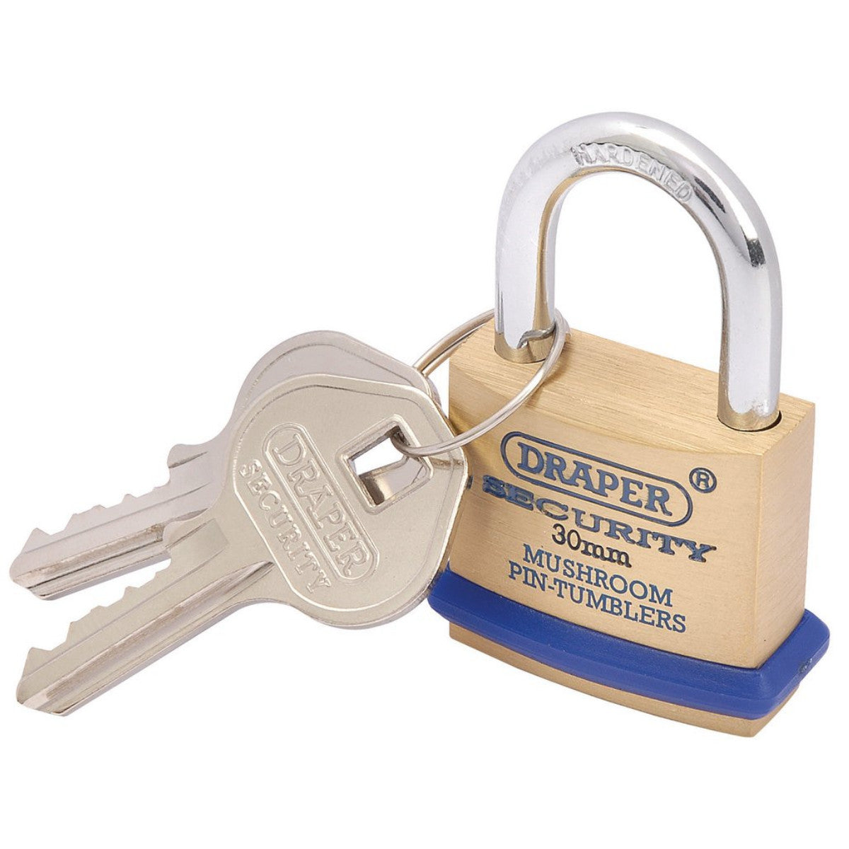 Draper Solid Brass Padlock and 2 Keys with Mushroom Pin Tumblers Hardened Steel Shackle and Bumper, 30mm 64160