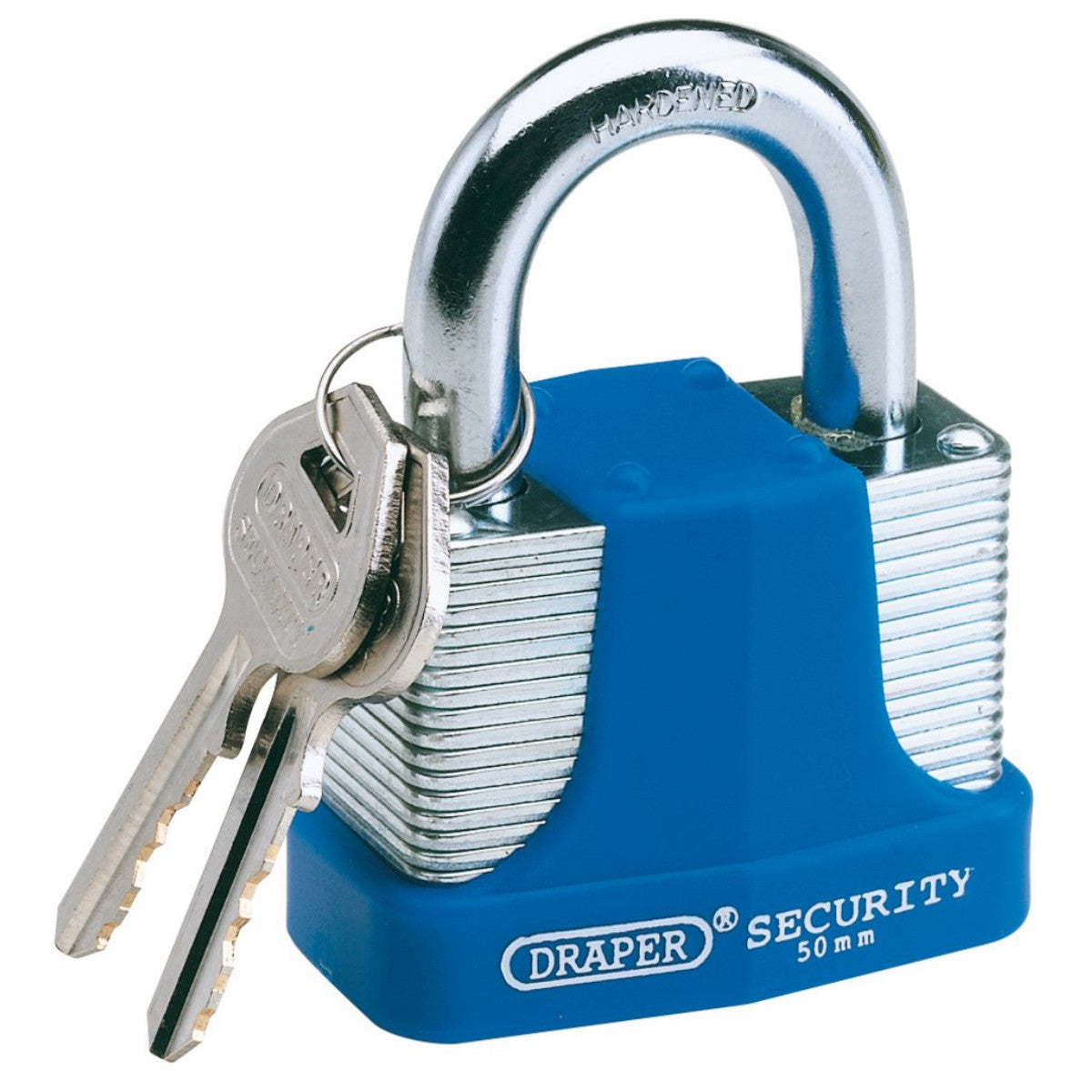 Draper Laminated Steel Padlock and 2 Keys with Hardened Steel Shackle and Bumper, 50mm 64182