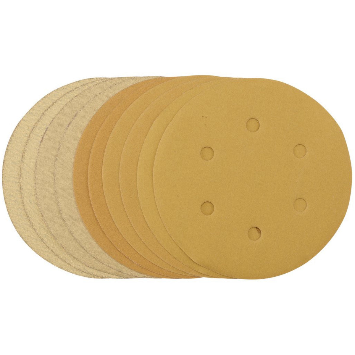 Draper Gold Sanding Discs with Hook & Loop, 150mm, Assorted Grit - 120G, 180G, 240G, 320G, 400G, 6 Dust Extraction Holes (Pack of 10) 64284