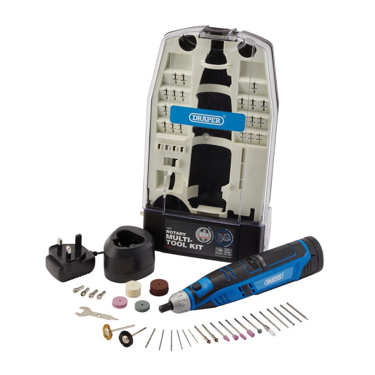 Draper 12V Rotary Multi-Tool Kit, 1 x 1.5Ah Battery, 1 x Fast Charger (50 Piece) 70298