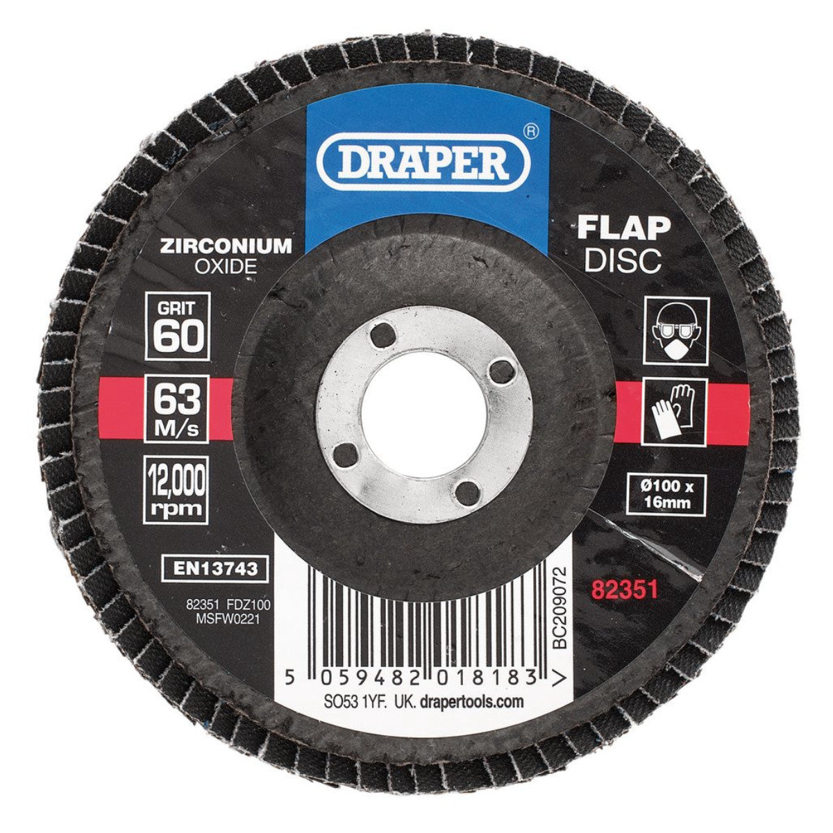 Draper Zirconium Oxide Flap Disc, 100 x 16mm, 60 Grit 82351