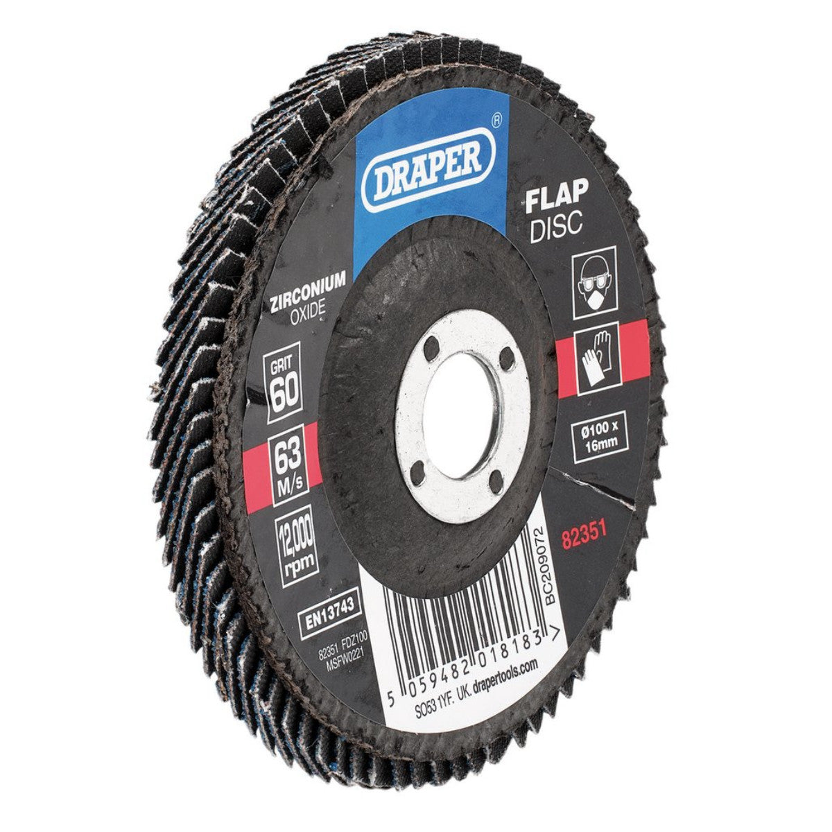 Draper Zirconium Oxide Flap Disc, 100 x 16mm, 60 Grit 82351