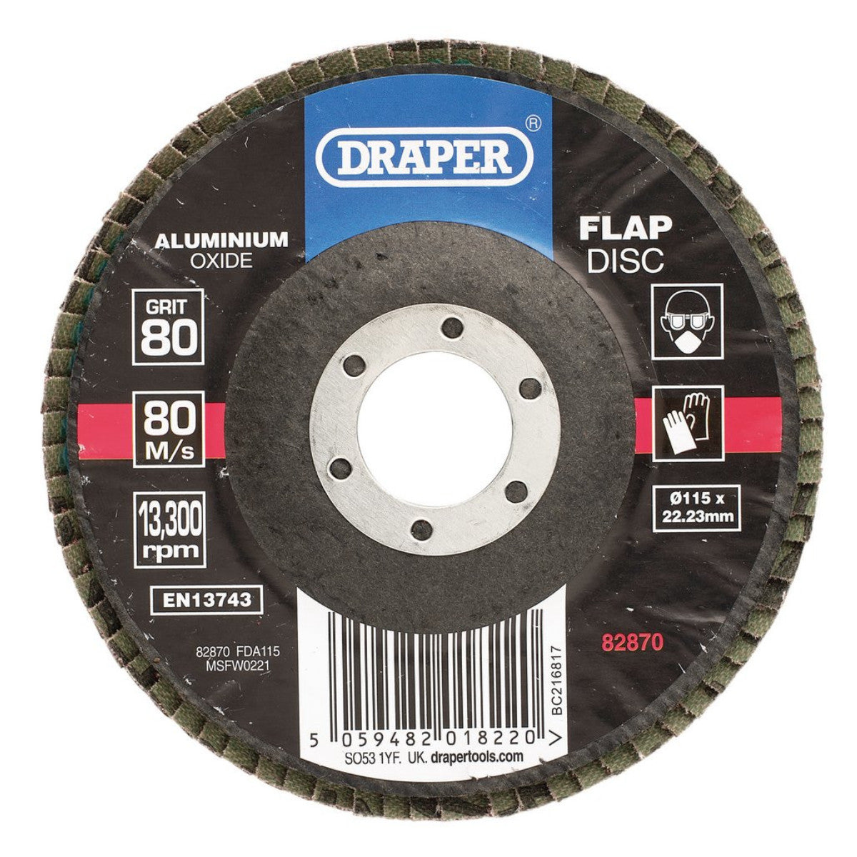 Draper Aluminium Oxide Flap Disc, 115 x 22.23mm, 80 Grit 82870