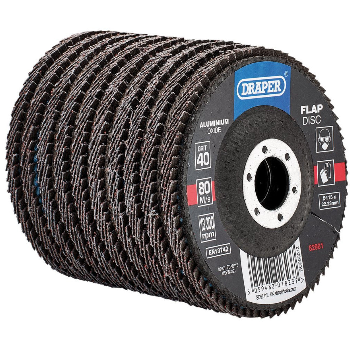 Draper Aluminium Oxide Flap Discs, 115 x 22.23mm, 40 Grit (Pack of 10) 82961