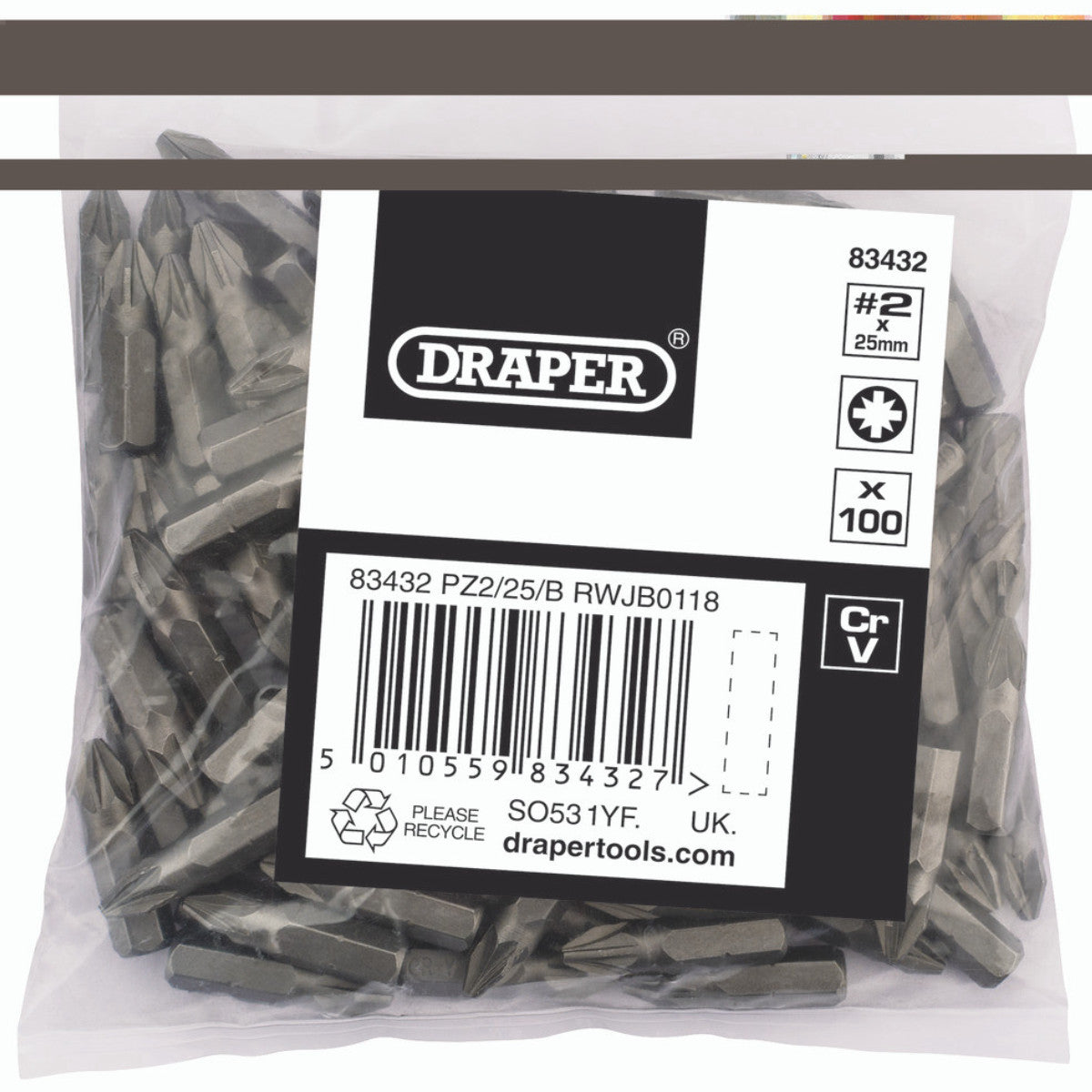Draper PZ TYPE Insert Bits, 1/4", No.2 (Bag of 100) 83432