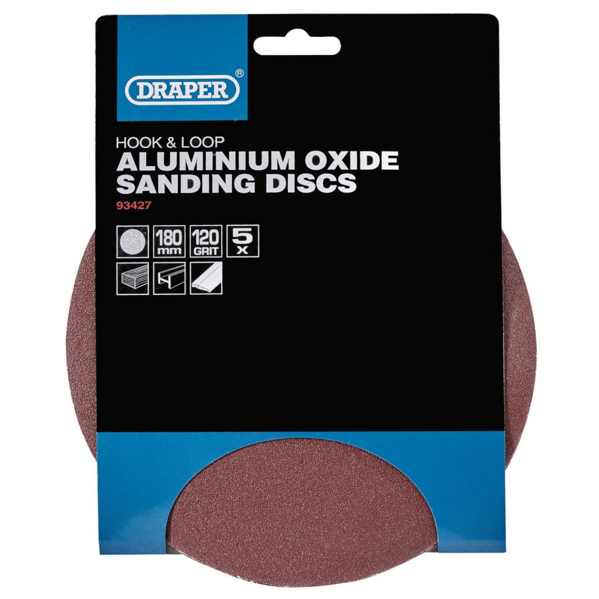 Draper Hook and Loop Aluminium Oxide Sanding Discs, 180mm, 120 Grit (Pack of 5) 93427