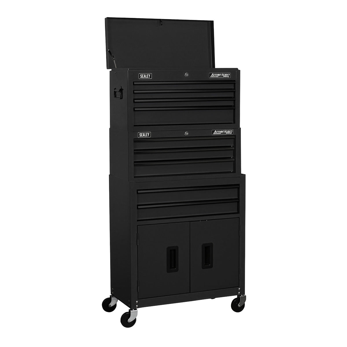 American PRO Topchest, Mid-Box Tool Chest & Rollcab Stack 9 Drawer - Black AP2200BKSTACK