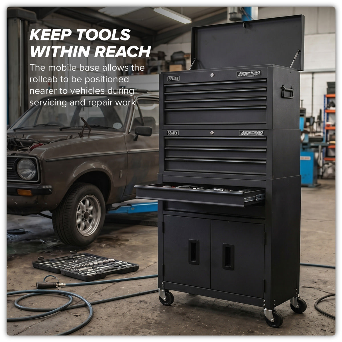 American PRO Topchest, Mid-Box Tool Chest & Rollcab Stack 9 Drawer - Black AP2200BKSTACK