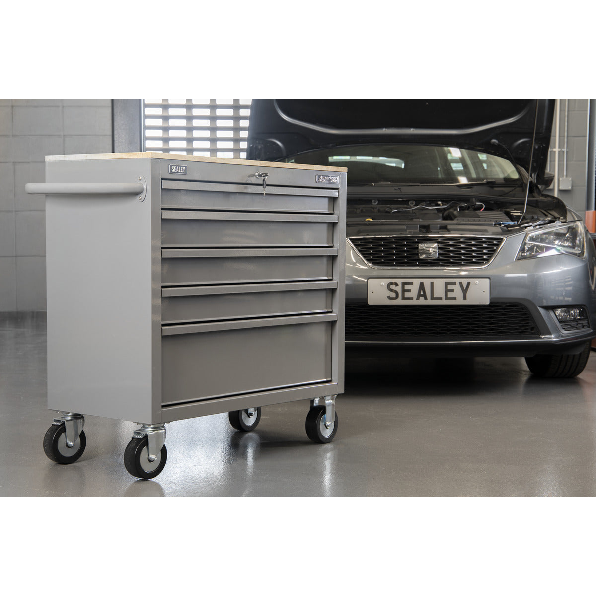 American PRO Mobile Workstation with Wooden Worktop 5 Drawer - Grey APMWS1G