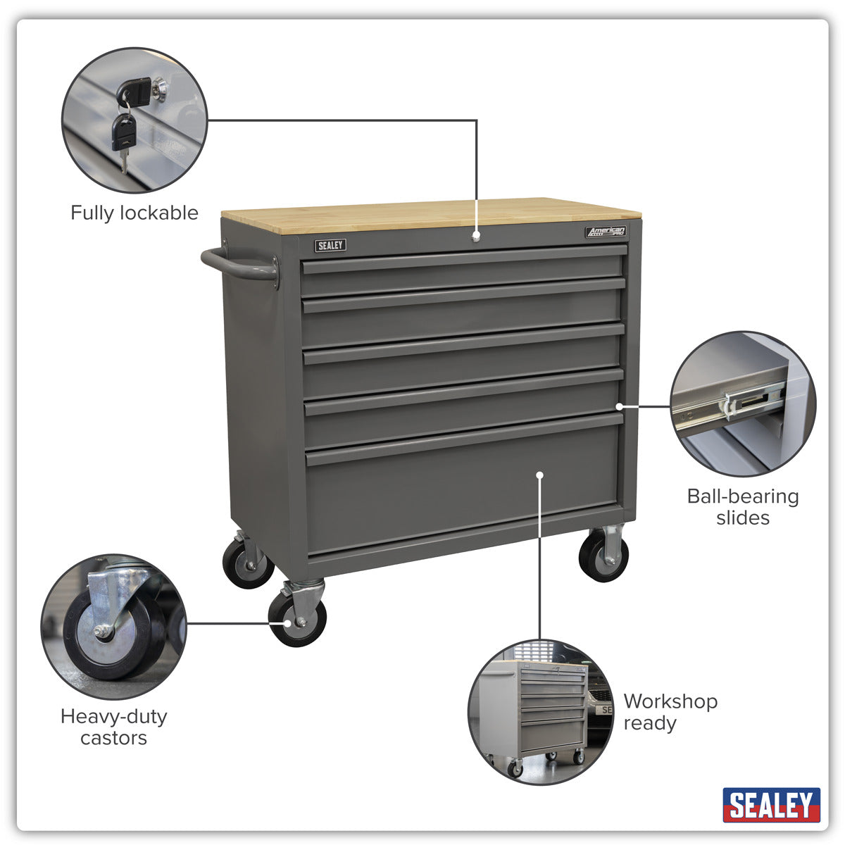 American PRO Mobile Workstation with Wooden Worktop 5 Drawer - Grey APMWS1G