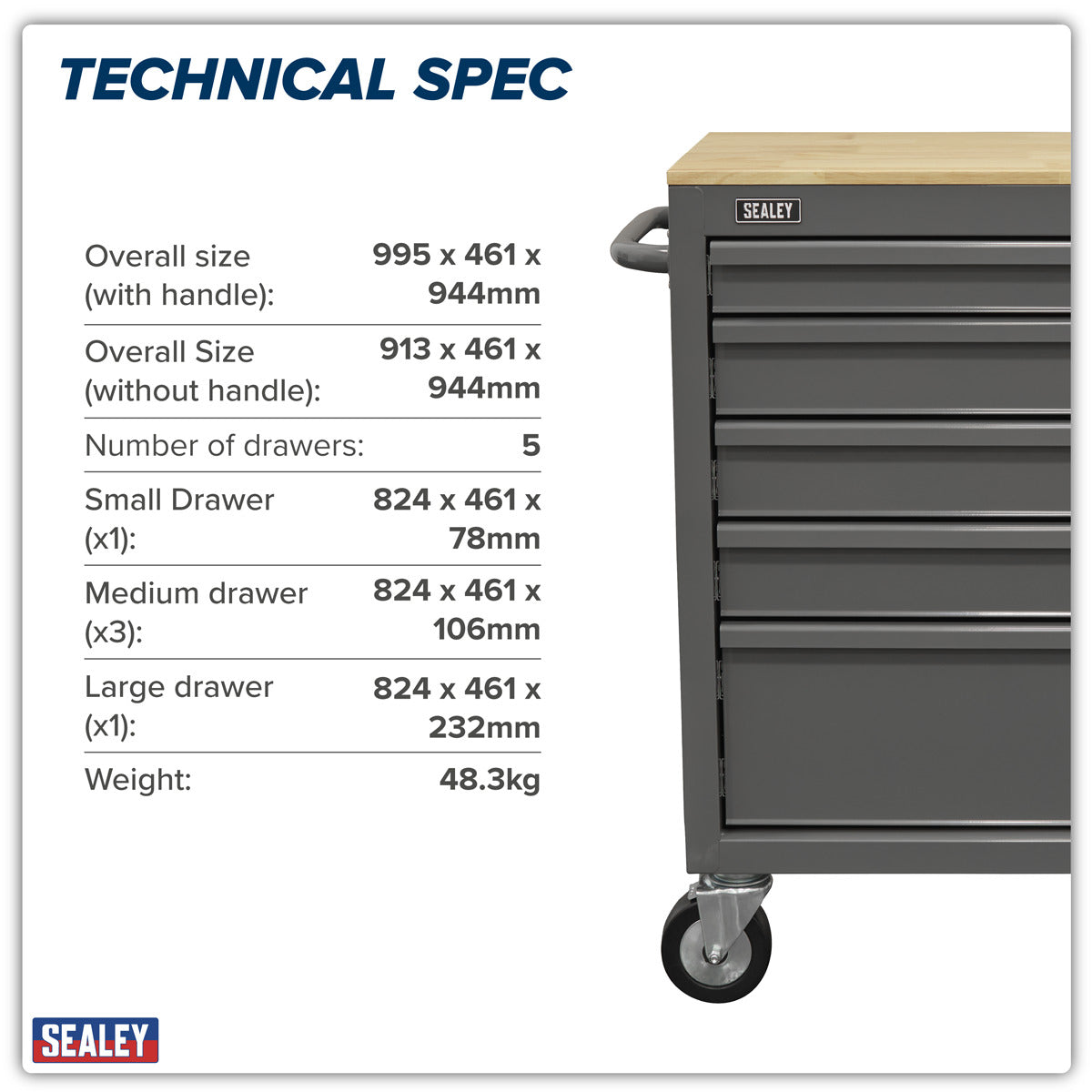 American PRO Mobile Workstation with Wooden Worktop 5 Drawer - Grey APMWS1G