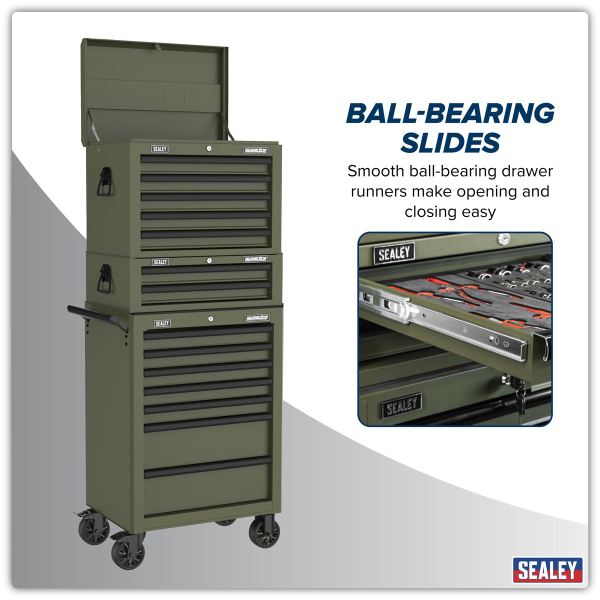 Superline PRO Topchest, Mid-Box Tool Chest & Rollcab Combination 14 Drawer - Khaki APSTACKTK