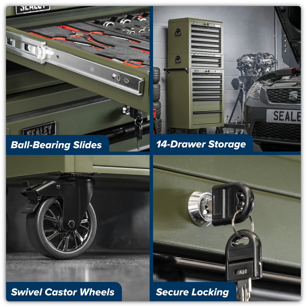 Superline PRO Topchest, Mid-Box Tool Chest & Rollcab Combination 14 Drawer - Khaki APSTACKTK