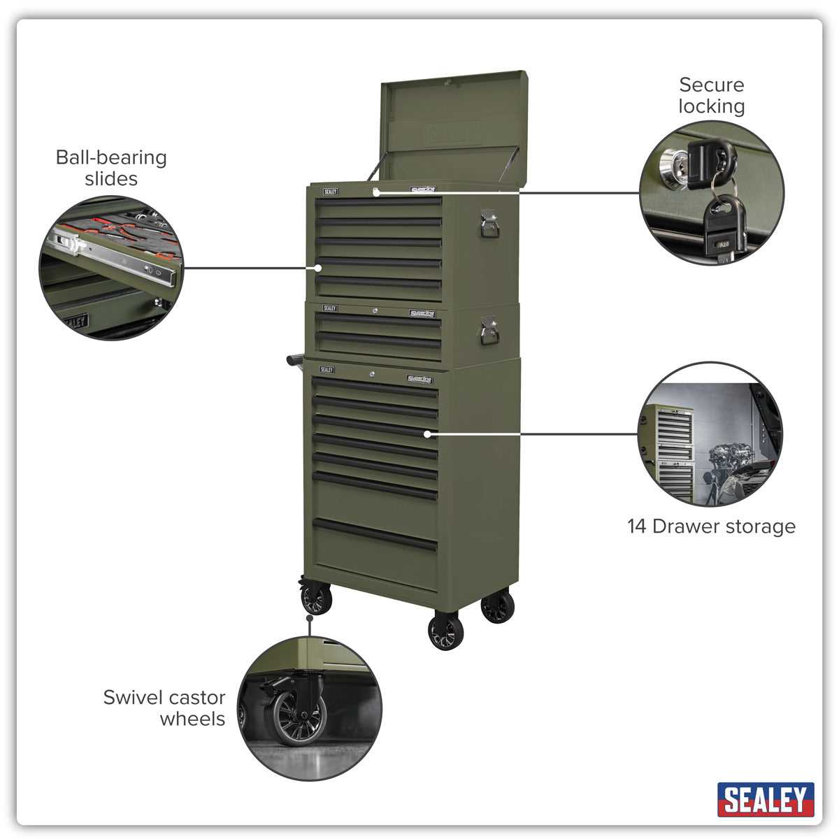 Superline PRO Topchest, Mid-Box Tool Chest & Rollcab Combination 14 Drawer - Khaki APSTACKTK