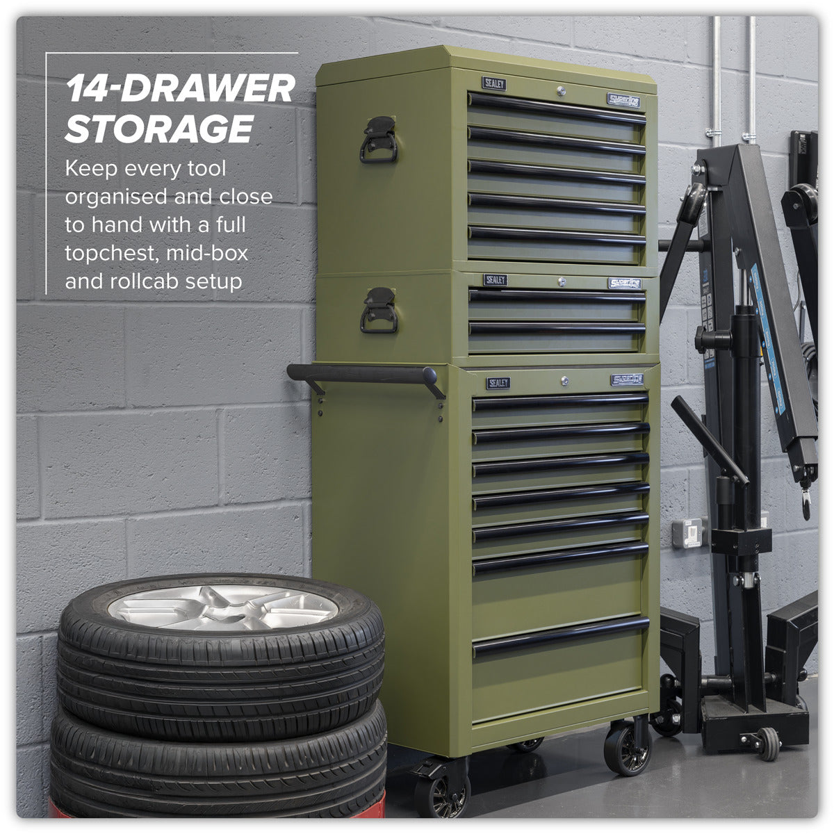 Superline PRO Topchest, Mid-Box Tool Chest & Rollcab Combination 14 Drawer - Khaki APSTACKTK