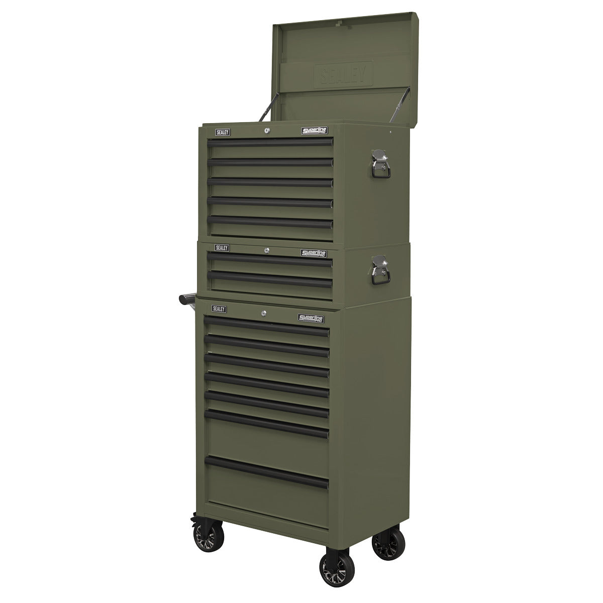 Superline PRO Topchest, Mid-Box Tool Chest & Rollcab Combination 14 Drawer - Khaki APSTACKTK