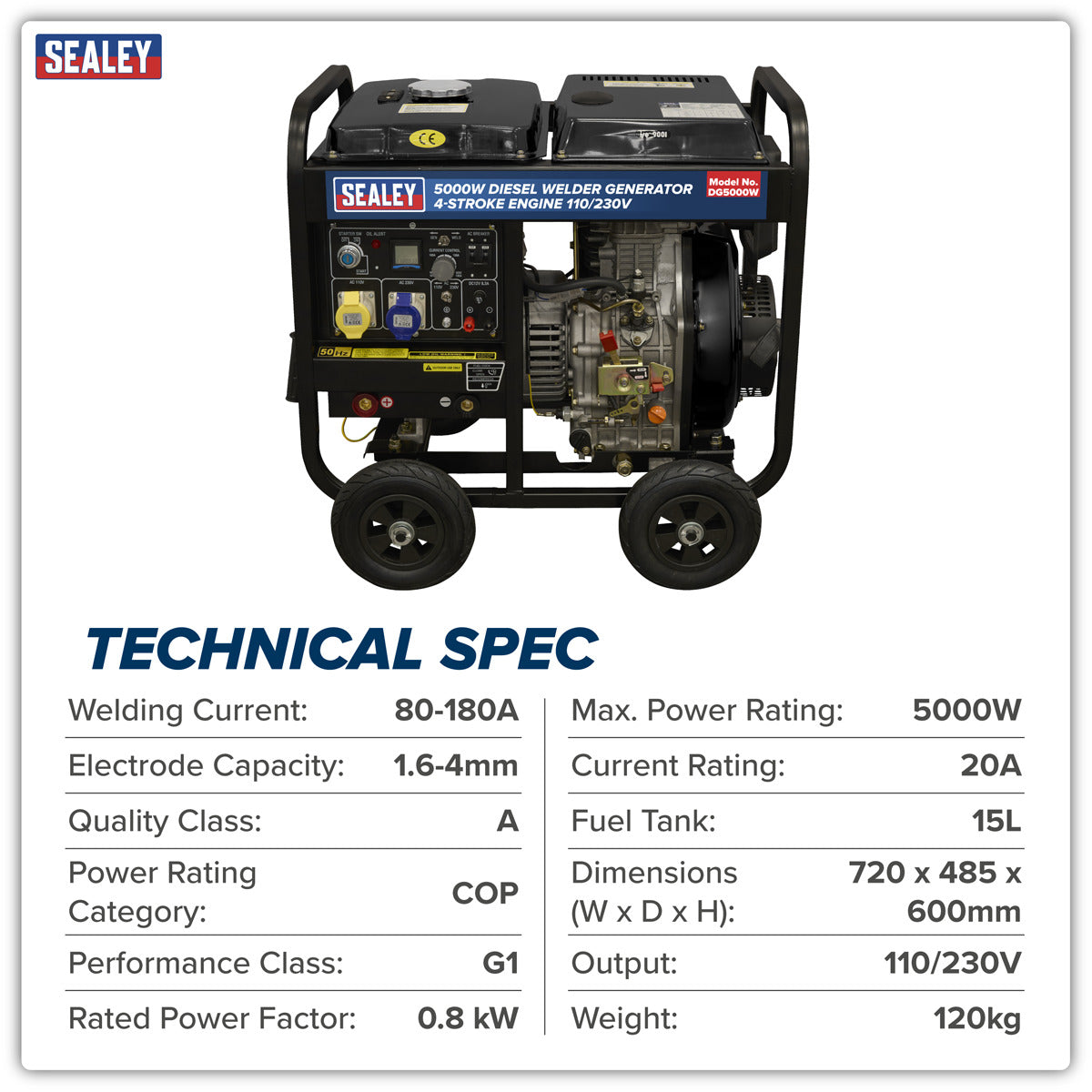 Sealey 5000W Diesel Welder Generator 4-Stroke Engine 110/230V DG5000W