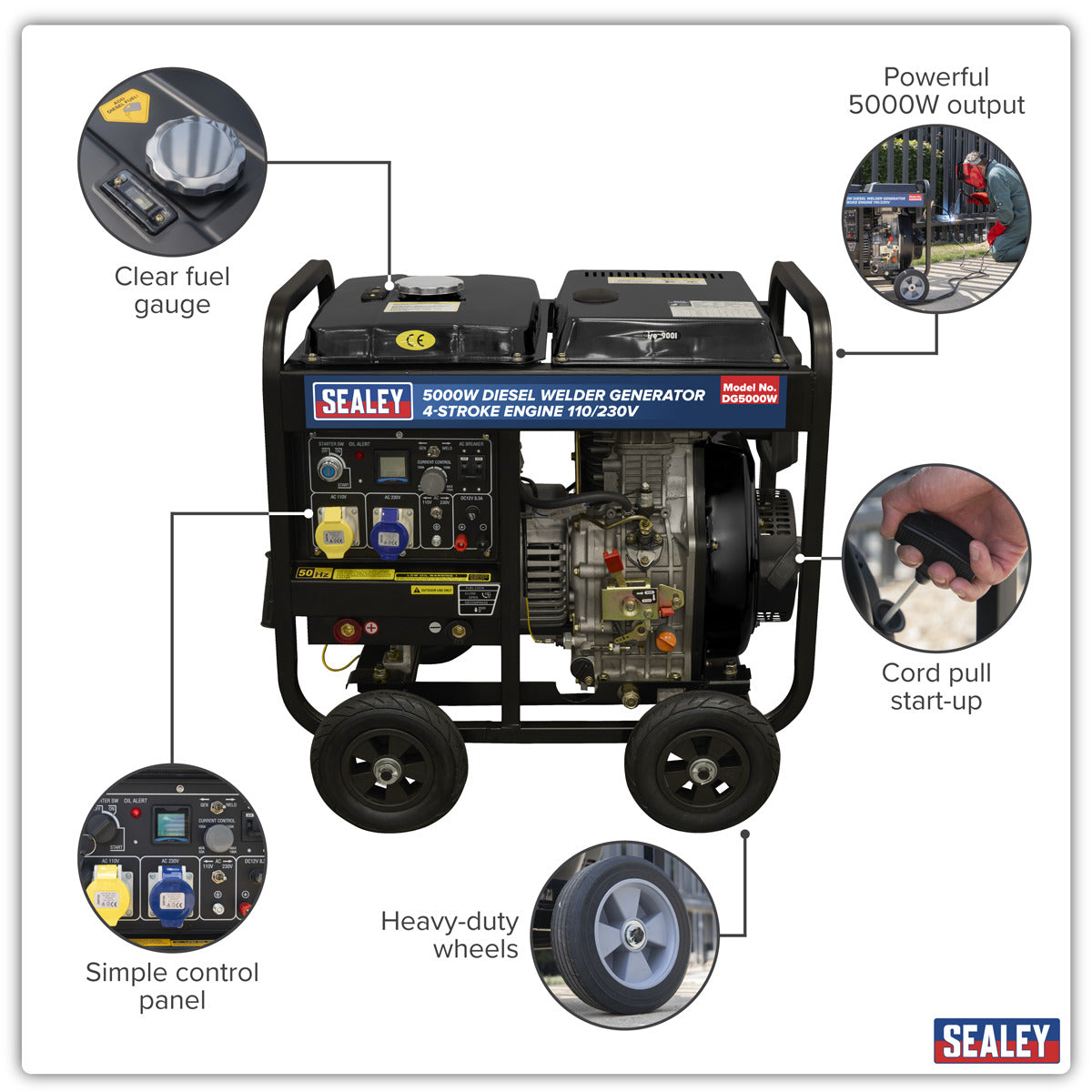 Sealey 5000W Diesel Welder Generator 4-Stroke Engine 110/230V DG5000W