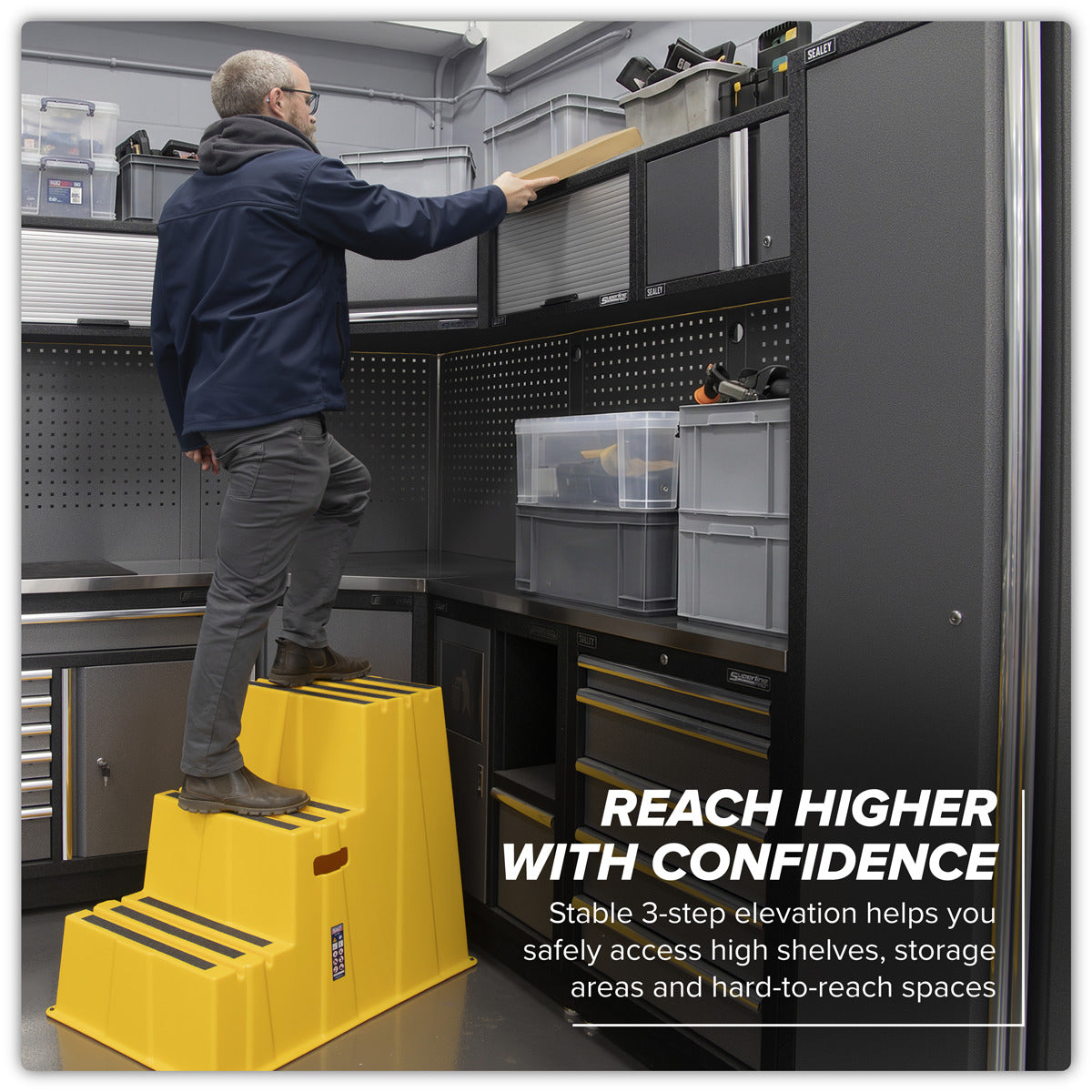 Sealey Heavy-Duty 3-Step Safety Steps with Anti-Slip Treads 150kg Capacity, Yellow - EN 14183 KS7