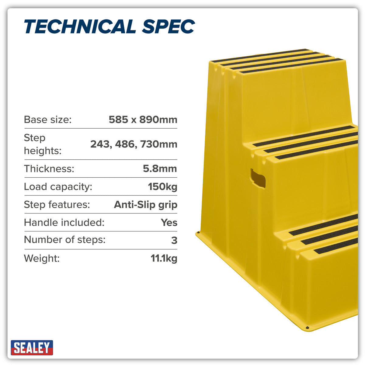 Sealey Heavy-Duty 3-Step Safety Steps with Anti-Slip Treads 150kg Capacity, Yellow - EN 14183 KS7