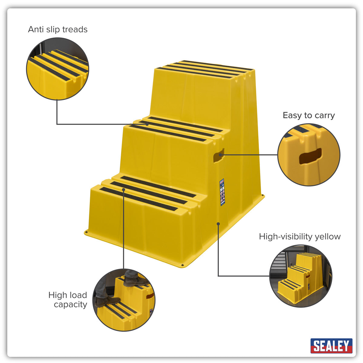 Sealey Heavy-Duty 3-Step Safety Steps with Anti-Slip Treads 150kg Capacity, Yellow - EN 14183 KS7