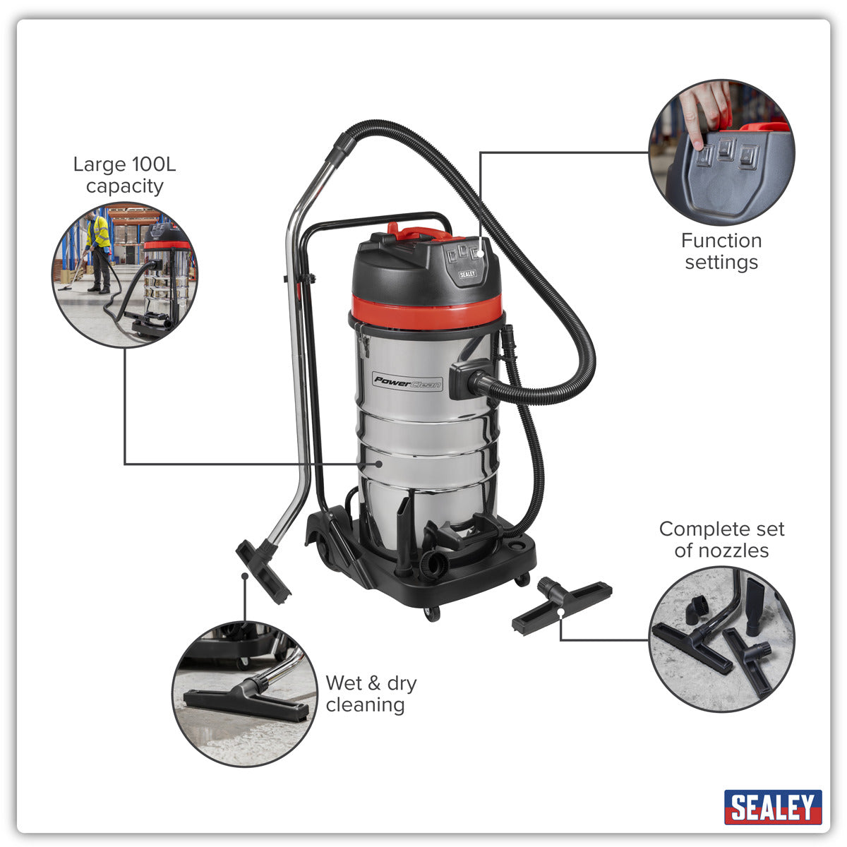 Sealey 100L Vacuum Cleaner Wet & Dry with Stainless Steel Drum 3000W/230V PC4100