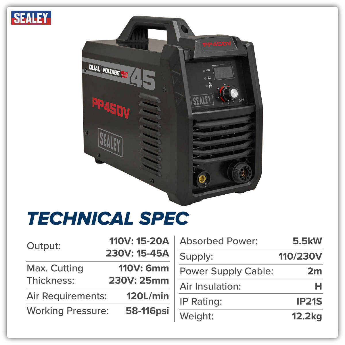 Sealey Dual Voltage, 45A Plasma Cutter Inverter PP45DV