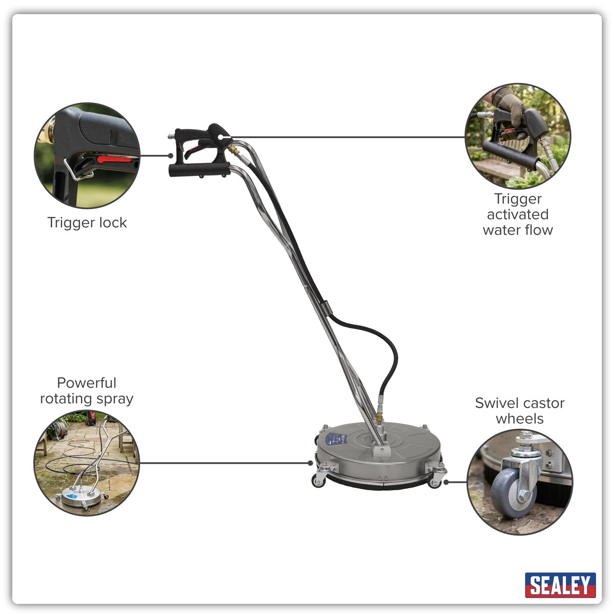 Sealey 18" Surface Cleaner with Dual Handle & Rotating Spray Bar - Stainless Steel PWAK18