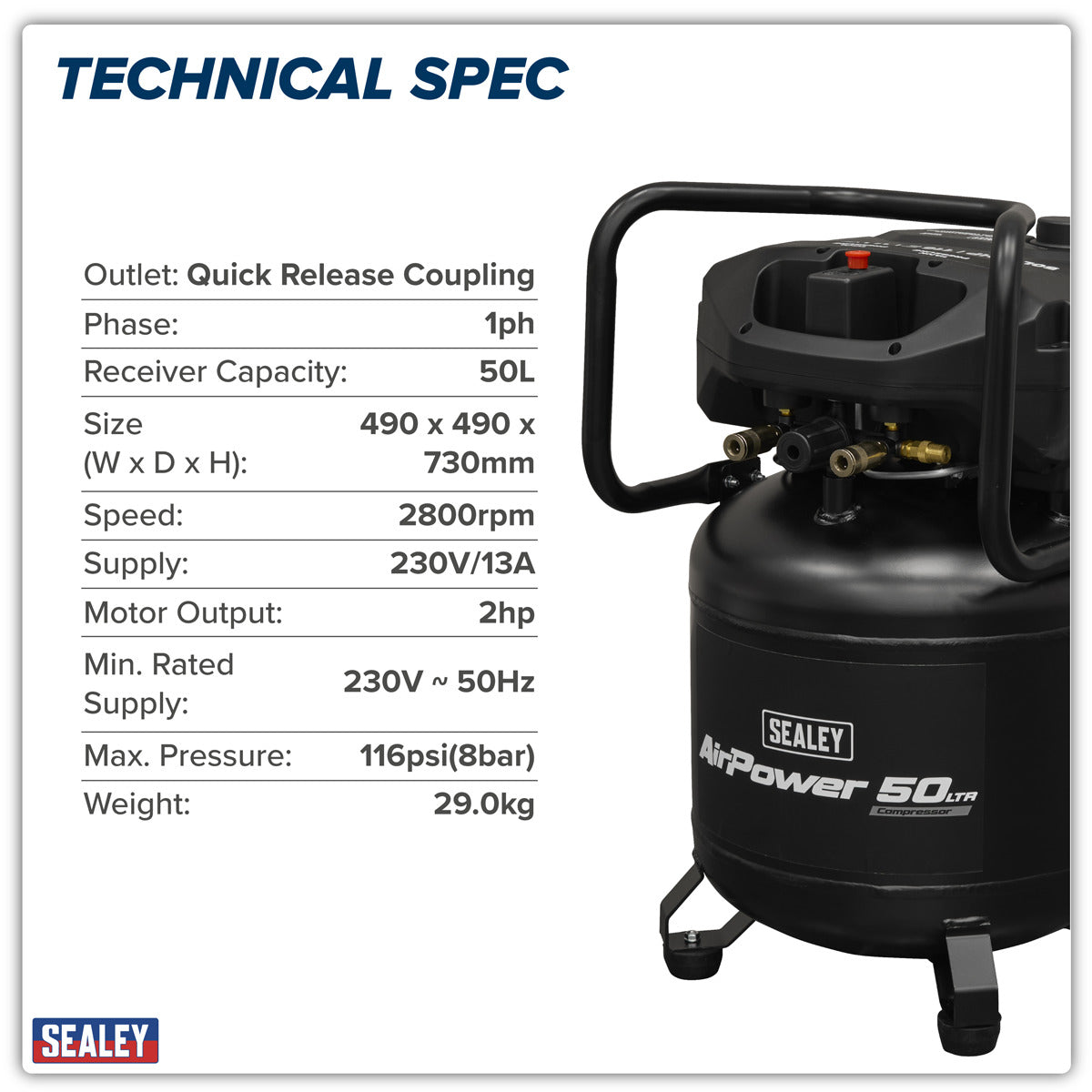 Sealey 50L Oil Free Belt Drive Vertical Compressor 2hp SAC50V