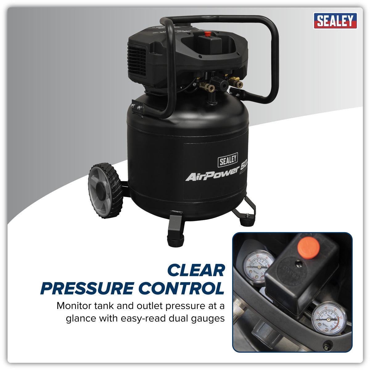 Sealey 50L Oil Free Belt Drive Vertical Compressor 2hp SAC50V