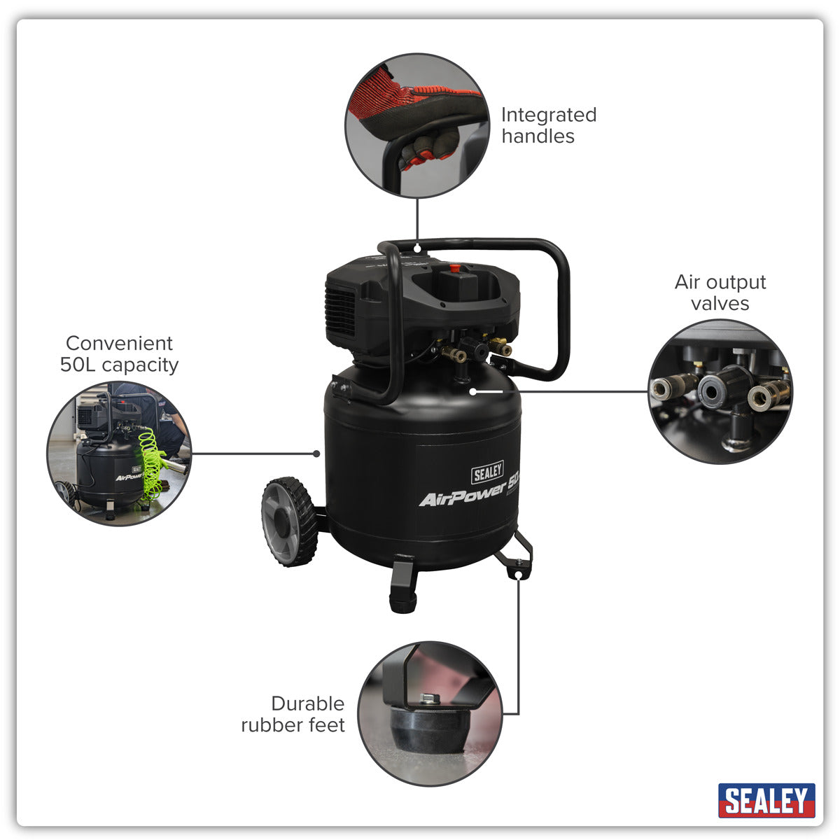 Sealey 50L Oil Free Belt Drive Vertical Compressor 2hp SAC50V