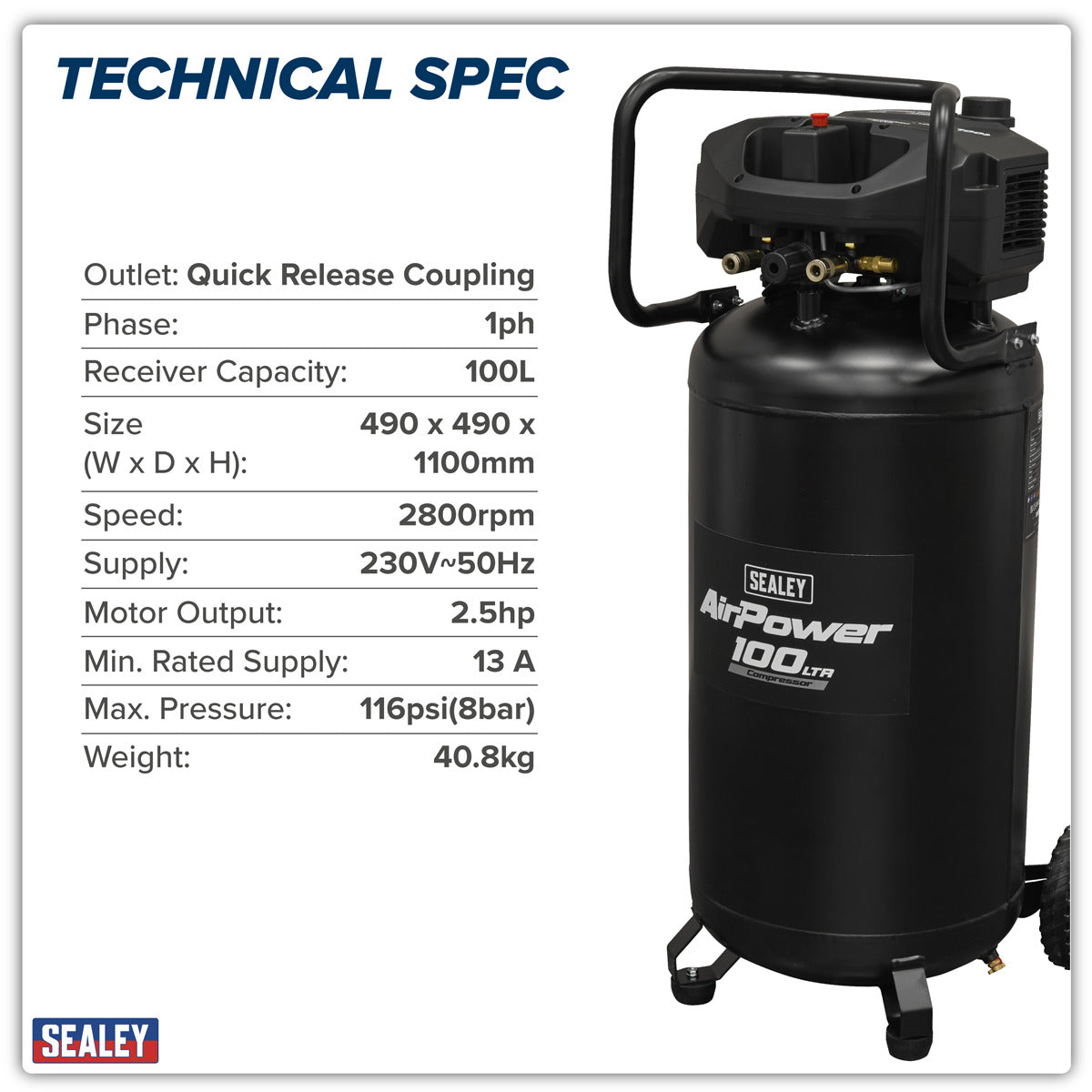 Sealey 100L Oil Free Belt Drive Vertical Compressor 2.5hp SAC100V