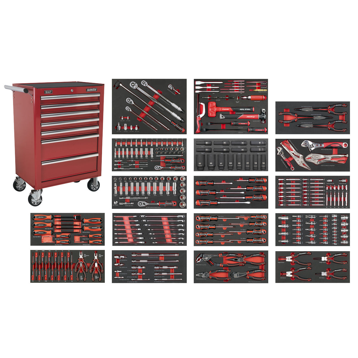 Superline PRO Rollcab 7 Drawer with 305pc Tool Kit - Red SPTCOMBO4R