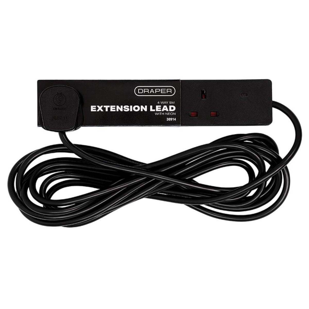 Draper 4 Way Black Extension Lead, 5m 30914