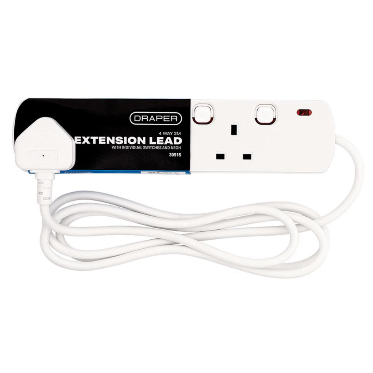 Draper 4 Way White Switch Protected Extension Lead, 2m 30915