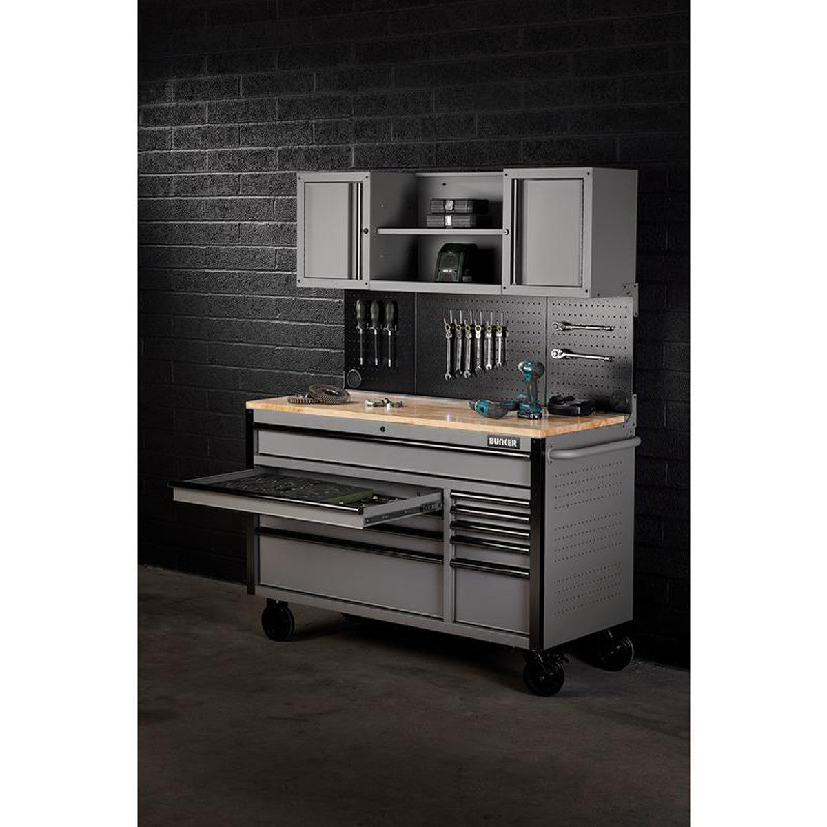 Bunker 10 Drawer Roller Workstation with Workbench, 56", Light Grey 27360