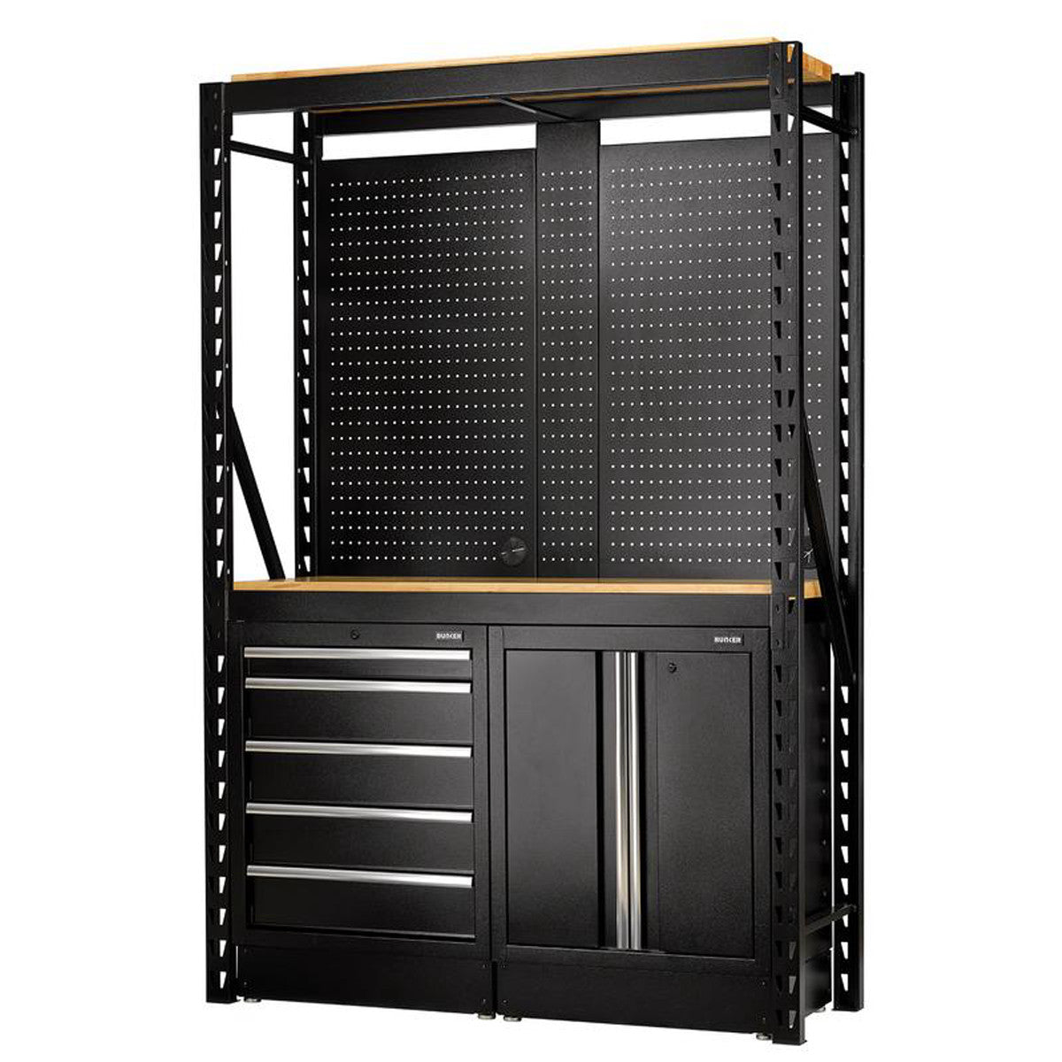 Bunker 15 Piece Modular Storage Combo 2 Tier Racking with Hardwood Shelving, Pegboards and Floor Cabinets, 1500mm 32511