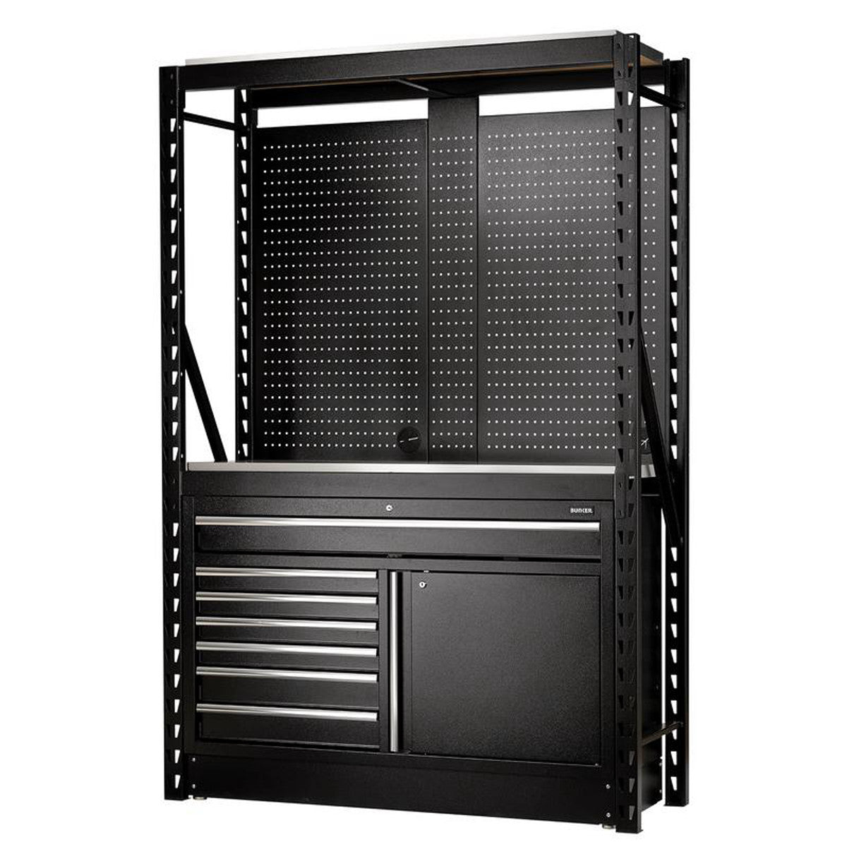 Bunker 14 Piece Modular Storage Combo 2 Tier Racking with Stainless Steel Shelving, Pegboards and Floor Cabinet, 1500mm 32516