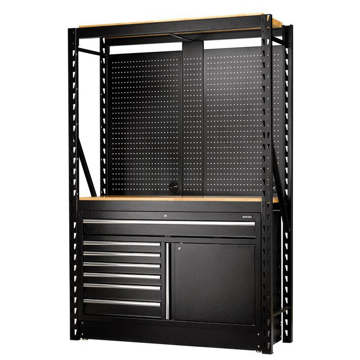 Bunker 14 Piece Modular Storage Combo 2 Tier Racking with Hardwood Shelving, Pegboards and Floor Cabinet, 1500mm 32517