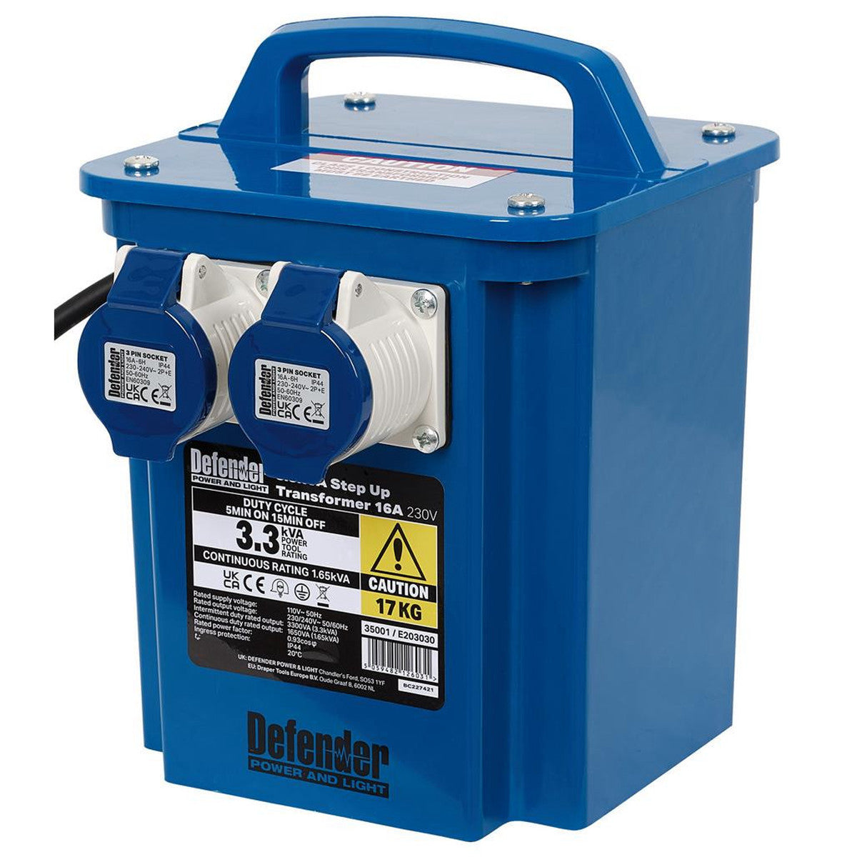 Defender E203030 3.3kVA 230V Step Up Transformer, 16A 35001