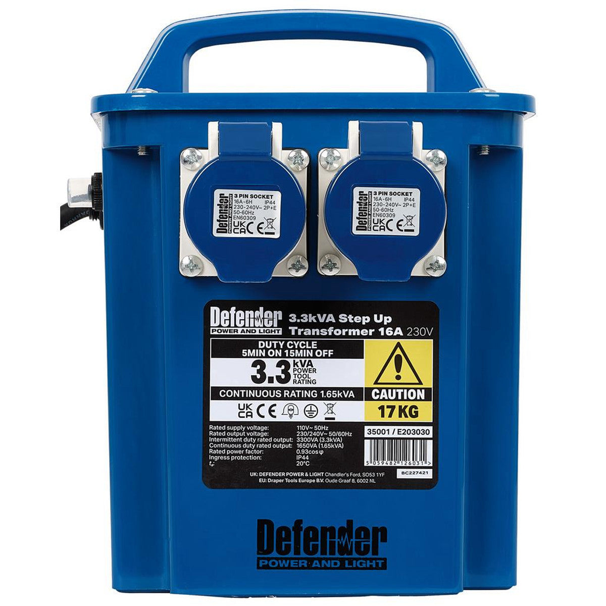 Defender E203030 3.3kVA 230V Step Up Transformer, 16A 35001
