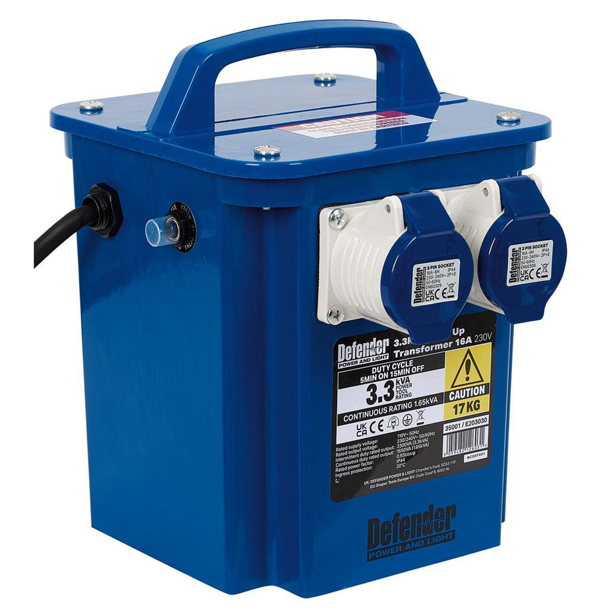 Defender E203030 3.3kVA 230V Step Up Transformer, 16A 35001
