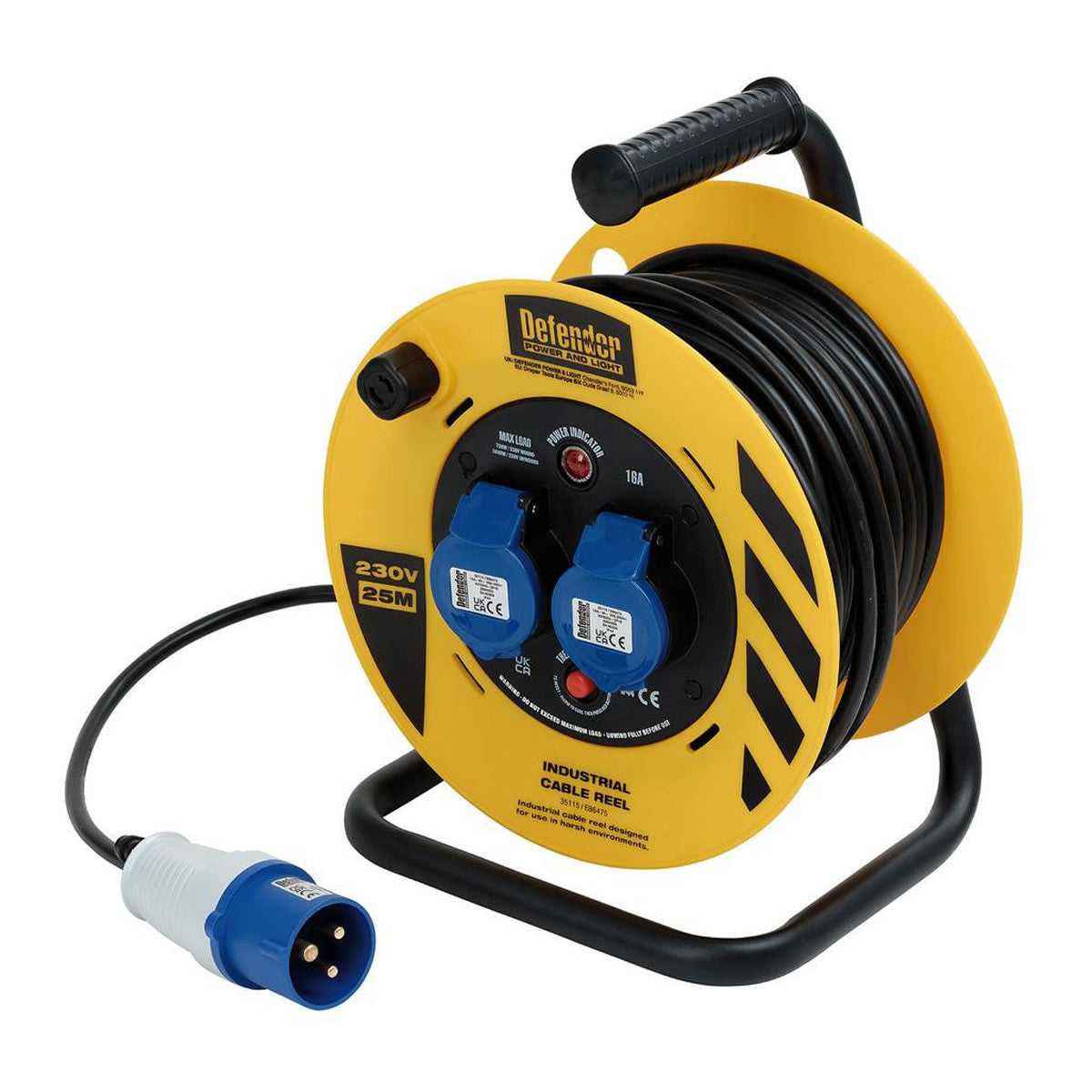 Defender E86475 230V 2-Way Light Industrial Cable Reel, 16A, 25m 35115