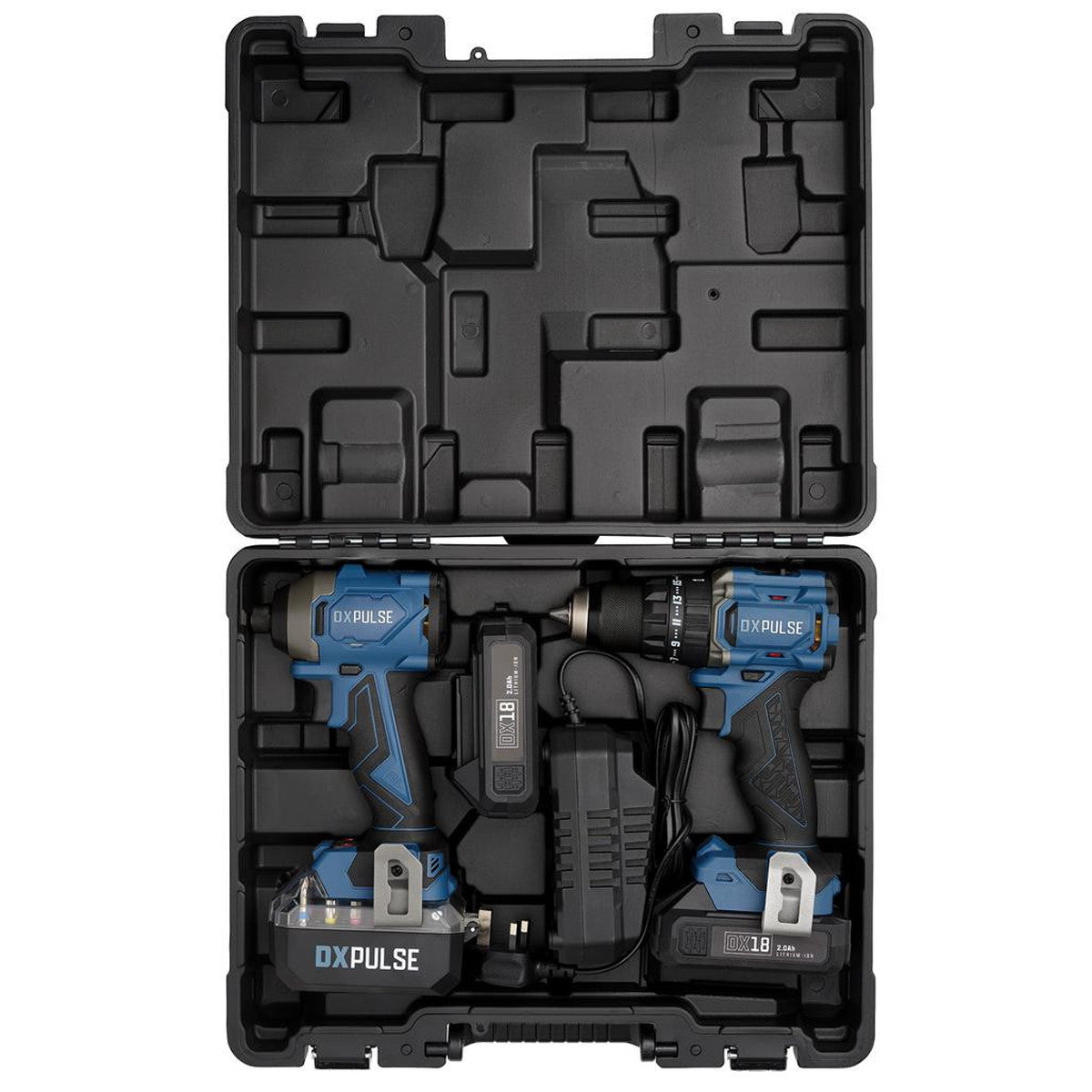 DXPULSE 18V Brushless Combi and Impact Driver Twin Kit with Drill Accessories, 2.4A Charger, 2 x 2.0Ah Battery, and Carry Case 39658