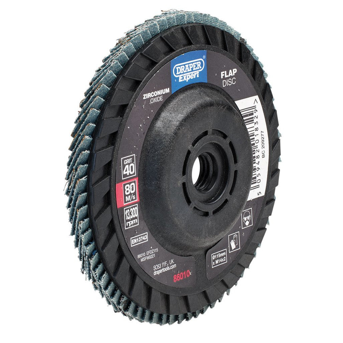 Draper Expert Zirconium Oxide Flap Disc, 115mm, M14, 40 Grit 86010
