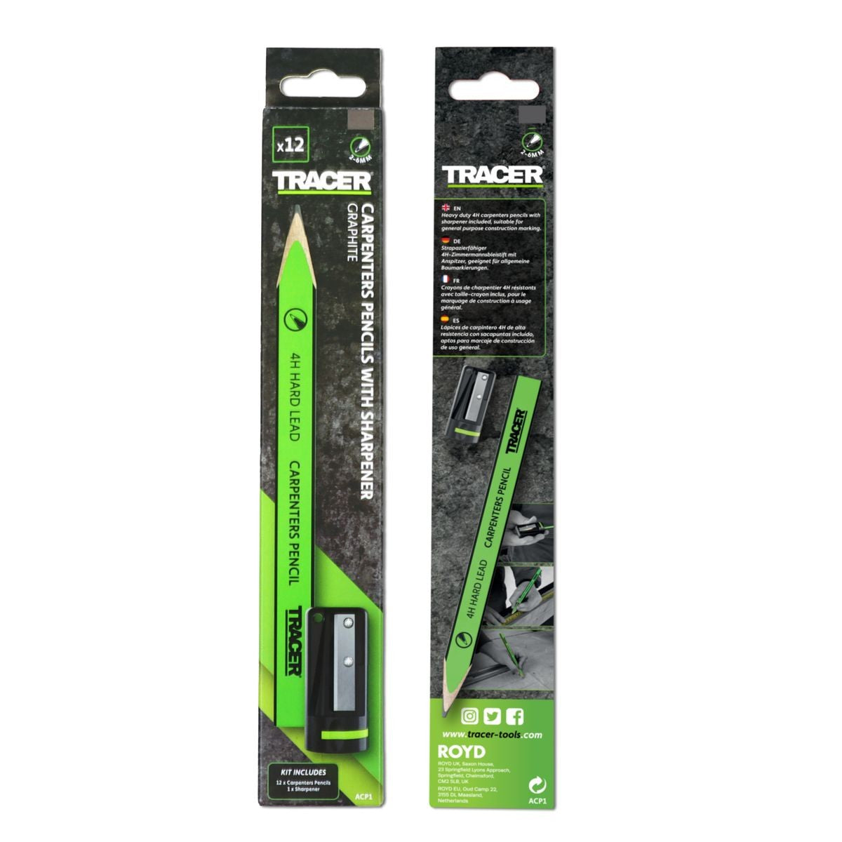 TRACER 4H Carpenters Pencils (Hard Lead) 10pc - c/w Sharpener ACP1